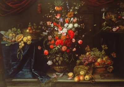 A Still Life of Summer Flowers in a Sculpted Urn by Eykens or Ijkens Ykens